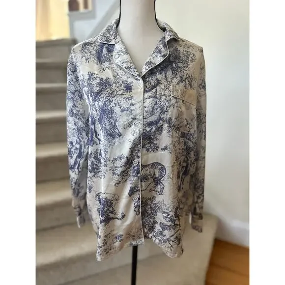 White & Blue Toile Jungle Print Satin Long Sleeve Pajama Pant Set